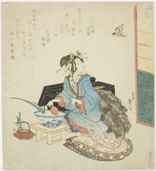 Geisha looking up at a cuckoo, from the series "Five Annual Festivals for the Katsushika Circle"