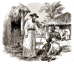 A Catholic missionary in Africa practicing a conversion on a child and his father