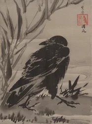 Crow and Reeds by a Stream