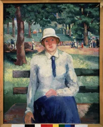 Unemployed Girl. Sitting on a Bench in a Public Park, in the Shade of Pines in Summer, Her Worried Face Reinforced by the Line of Walkers in the Background