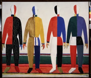 Sportsmen. Four men wearing very colourful sportswear. Painting by Kazimir Severinovich Malevich (Malevich, Malevic) (1878-1935)