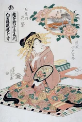 Courtesan Hanamurasaki from Tamaya teahouse with fan in her hand, Ca 1830, Ukiyo-e art print by Keisai Eisen (1790-1848), Japanese civilization