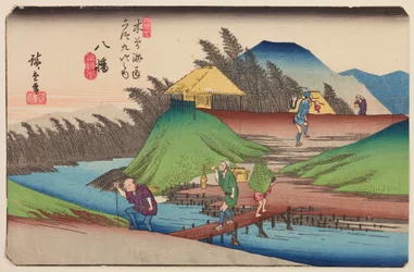 Yawata, hut on a hill above a stream, plate 25 from the series: The Sixty-nine Stations of the Kisokaido Road