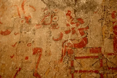 Priest crowning the king on the accession throne, Early Pre-classic mural, Maya