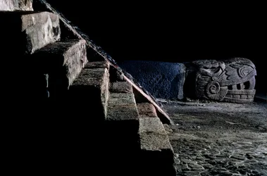 Serpent Replica on Great Temple, Tenochtitlan, Templo Mayor, Aztec, Mexico City, 2010