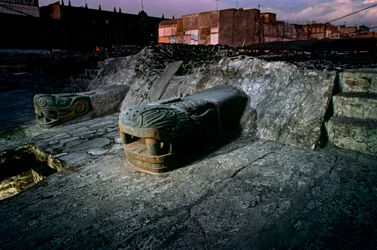 Serpent Replica on Great Temple, Tenochtitlan, Templo Mayor, Aztec, Mexico, Mexico City, 2010