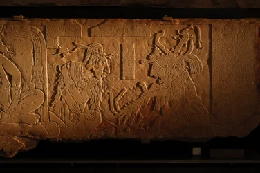 Temple 21 throne bench, carving of king Akhal Mo Nab, Palenque, Mexico, 2005