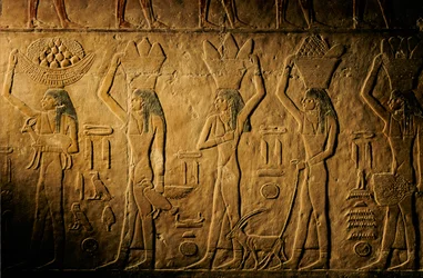 Women Carrying Bread, Bird, Goat and Produce, Tomb of Tiye, Egypt; Old Kingdom; Saqqara
