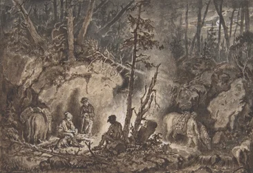 Hunters Resting in a Forest at Night