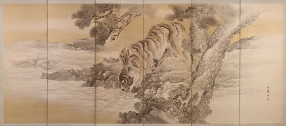 Six-Fold Screen Depicting a Drinking Tiger