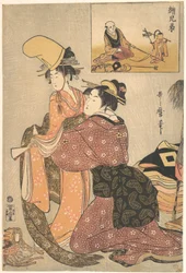 A Woman Dressing a Girl for the Kabuki Dance “Musume Dōjōji,” with “Brother Picture” (E-kyōdai) of a Monkey Trainer