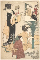 A Woman and a Man Arranging Flowers for the Tsukimi (Moon Festival)