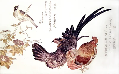 A domestic hen and cock and Japanese bunting on a bamboo shoot, c.1791