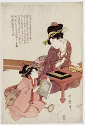 A Young Woman Seated at a Desk, Writing, a Girl with a Book Looks On