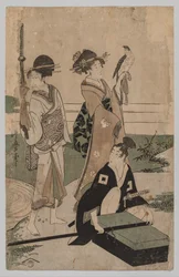 Daimyo and his Retinue Crossing a Stream in Plain Near Fuji