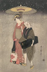 Geisha Walking through the Snow at Night