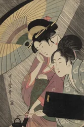 Geisha and Attendant on a Rainy Night