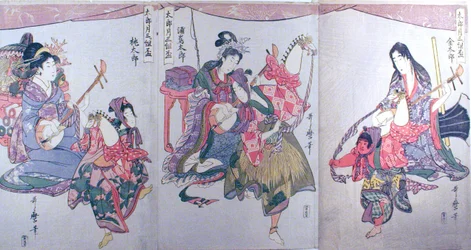 Kintaro, Urashimataro, and Momotaro, from the triptych "Set of Three Sake Cups for the First Month"