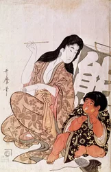 Kintarō and Yamauba practicing calligraphy, series: Yamauba and Kintarō. Japanese print by Kitagawa Utamaro (1753-1806). Dimensions: 0.38 x 0.26 m. 1790-1806. Paris, Guimet Museum, National Museum of Asian Arts
