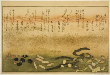 Minashi-gai, shio-gai, katatsu-gai, miso-gai, chijimi-gai, and chigusa-gai, from the illustrated book 
