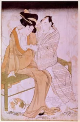 Representation of a Japanese couple stroking each other on a bench. Prints by Utamaro Kitagawa. Paris, Guimet Museum, National Museum of Asian Arts