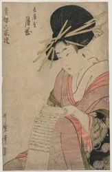 The Courtesan Tsukioka of Hyogoya Rolling a Letter, from the series 