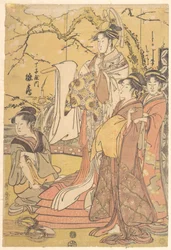 The Oiran Hinazuru of Chojiya Standing upon a Pile of Futon