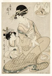 The courtesan Takigawa and her attendant from the Ogiya in allusion to the poet