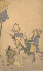 Three Revelers of the Lower Classes, Wearing Komuso Hats..., late 18th-early 19th century