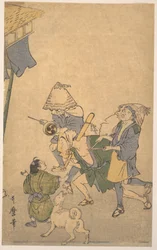 Three Revelers of the Lower Classes, Wearing Komuso Hats, with Small Boy and Dog