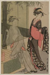 Two Women by a Bamboo Blind