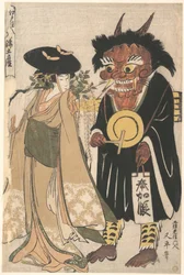Wisteria Maiden with an Ōtsu Demon Dressed as an Itinerant Monk, from the series Souvenir Paintings from Ōtsu, Stocked in Edo (Edo Shi-ire Ōtsu Miyage)