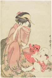 Woman Playing with a Child with a Tengu Mask