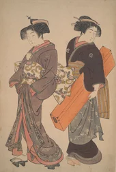 Woman with her maid on her way to an engagement