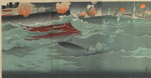 Our Torpedo Hitting a Russian Warship at the Great Naval Battle of Port Arthur, Meiji period