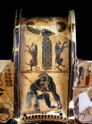 The François Vase: detail of the krater with black figures depicting the dead Achilles being carried by Ajax, created by the potter Ergotimos and the painter Klitias. 570 BC. From Siena. Florence. National Archaeological Museum.