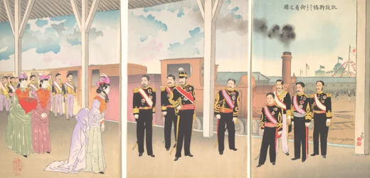 Illustration of the Arrival of the Emperor at Shinbashi Station Following a Victory Gaise..., 1895