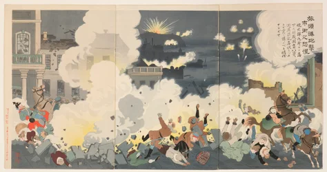Panic in the City Streets during the Bombardment of Port Arthur