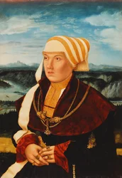 Portrait of Dorothea von Stralenburg, aged 26, three-quarter length, in a red and black dress with gold ornaments, before an extensive landscape, 1533
