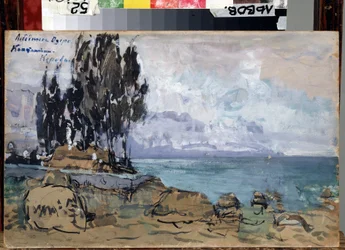 Stage design for the ballet Swan Lake by P. Tchaikovsky. Landscape, the shore of a lake with a cluster of trees.