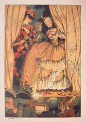 Illustration for the Book of Marquise by Franz Blei (a marquise lifting a theater curtain, with Harlequin by her side)