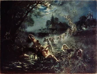 Mermaids. At Night, Naked Women Weave Crowns in a River, Then Form a Chain and Rise into the Sky Before Merging with the Clouds. Painting by Konstantin Yegorovich Makovsky