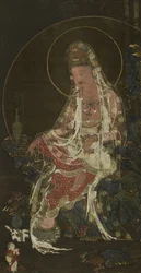 Hanging Scroll depicting a willow-branch Bodhisattva Avalokiteshvara (Kwanseum Posal) seated in a Paradise Garden, Koryo dynasty