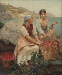 Italian girls with tomatoes in baskets