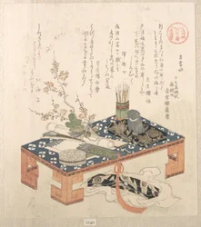 “Desk with Writing Set and Plum Flowers,” from the series Ise Calendars for the Asakusa Group (Asakusa-gawa Ise goyomi). From the Spring Rain Collection (Harusame shū), vol. 2
