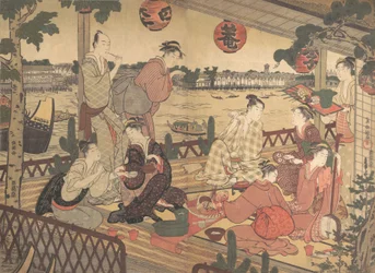 Two Young Men and Several Women Dining at a Tea-house on the Bank of the Sumida River