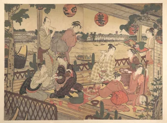 Two Young Men and Several Women Dining at a Tea-house on the Bank of the Sumida River