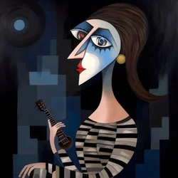3D Woman Troubadour with Her Guitar in the Night Moon Lights 1