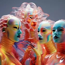 6 Women with 3D Parametric Fluorescent Plastic Masks in a Surreal and Parametric Future Architecture, 2