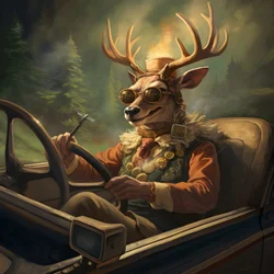 A Deer with a Cigar in His Mouth Driving a Convertible Automobile 1